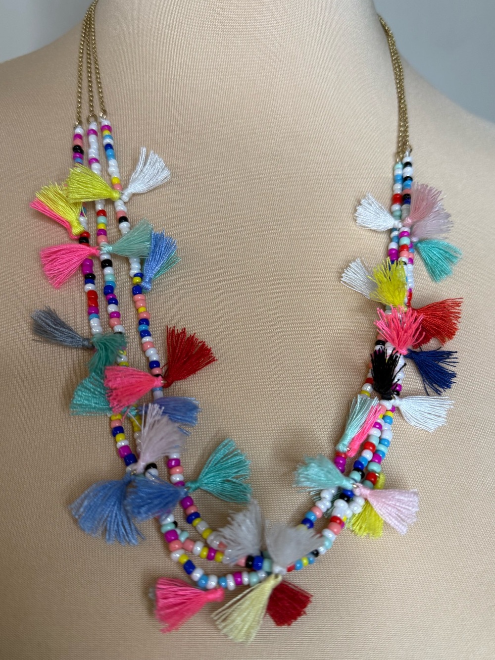 Plunder multicolored beaded tassel triple chain necklace